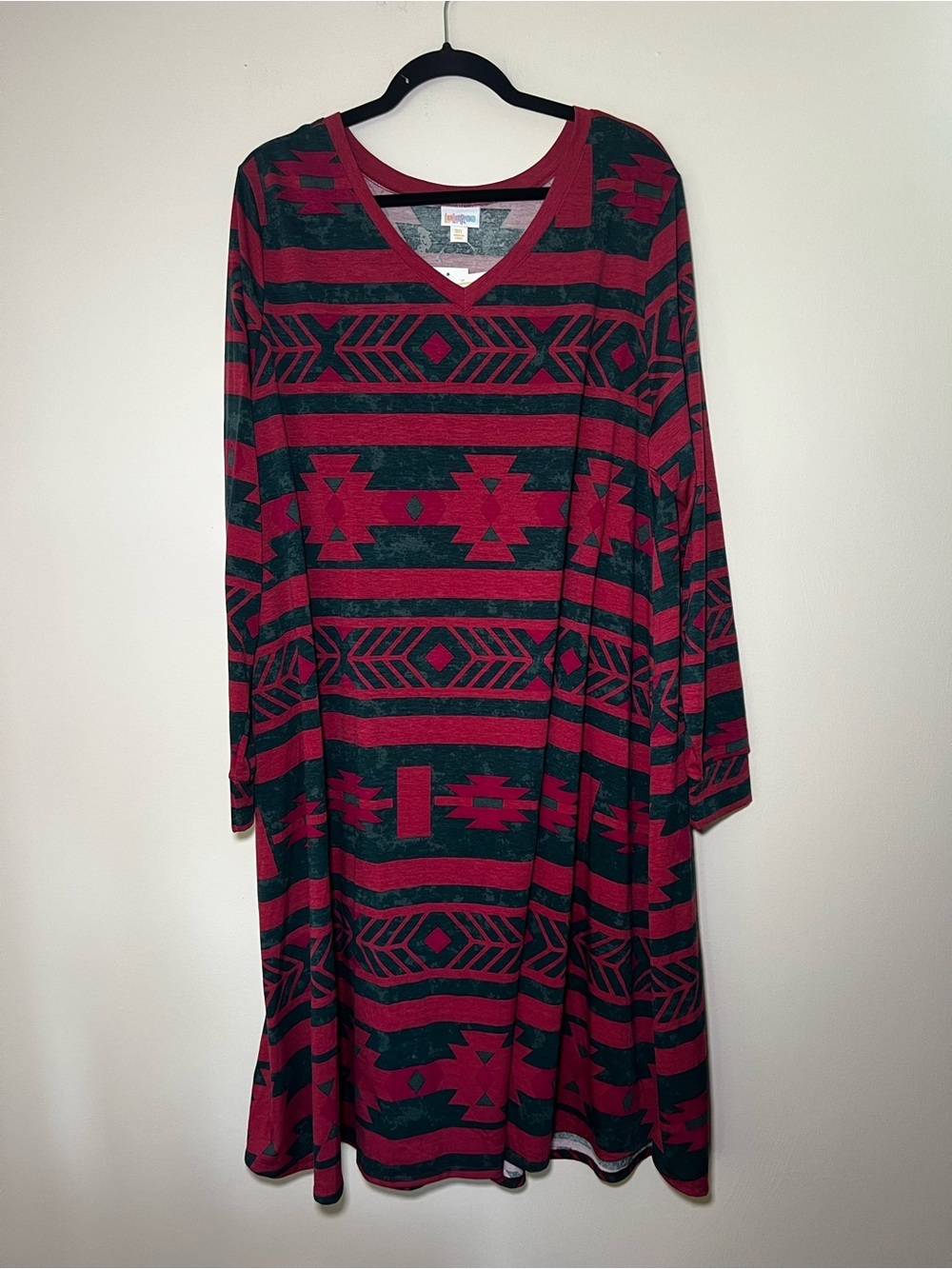 LuLaRoe Emily Long Sleeve V‑Neck Tribal Print Swing Dress